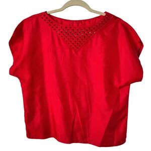 Vintage Shapely Women's Blouse Top‎ Medium Red Boxy Short Sleeve Cutout Neckline